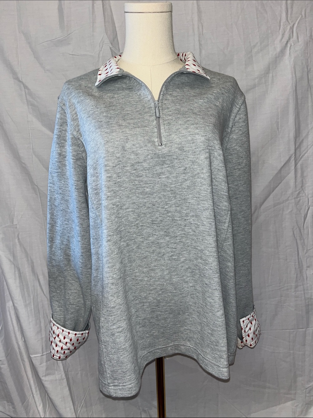 Orvis Light Gray Half-Zip Sweater with Patterned Collar